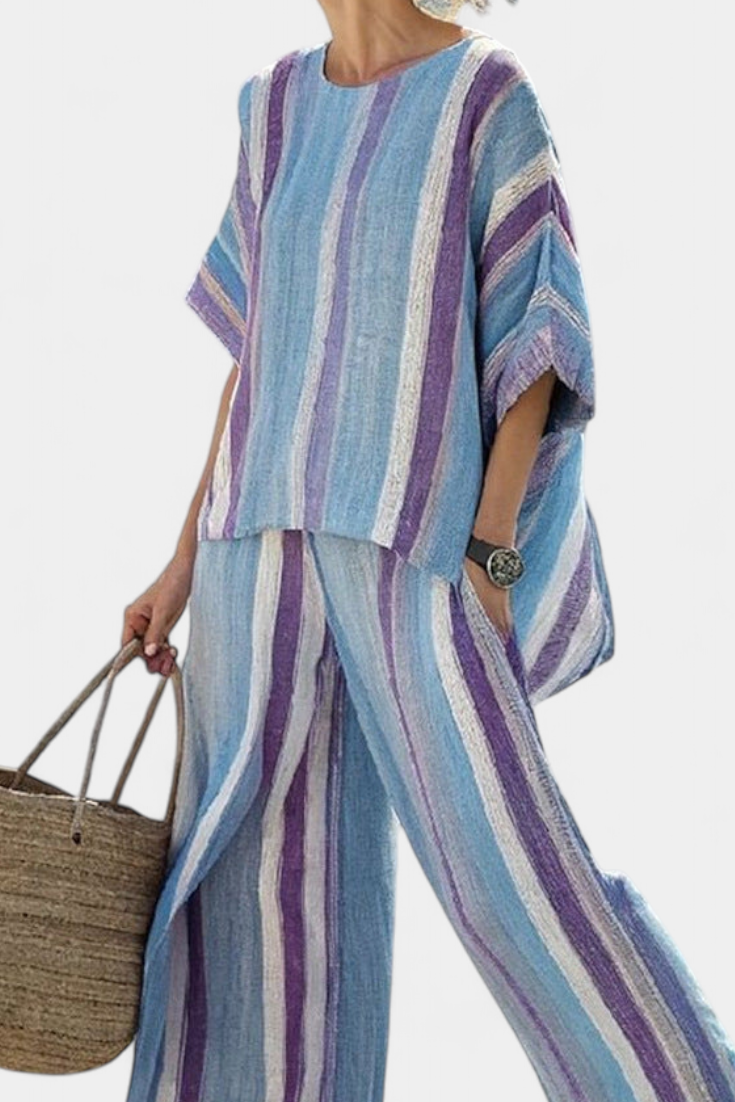 ファエリス | エレガントな薄紫のハウパステル & ストライプのリネンパンツ